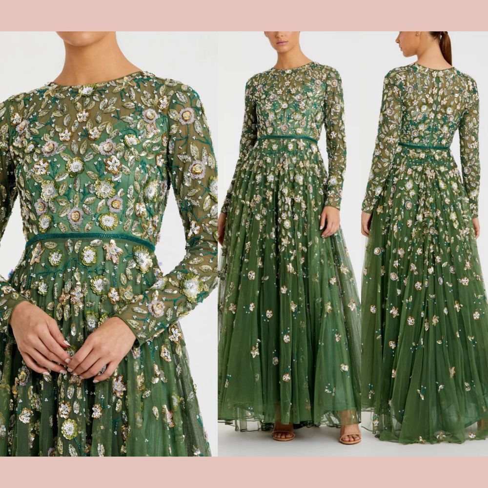 NWT Mac Duggal [ 4 ] 5533 Embellished‎ High Neck Long Sleeve A Line Gown Sage
